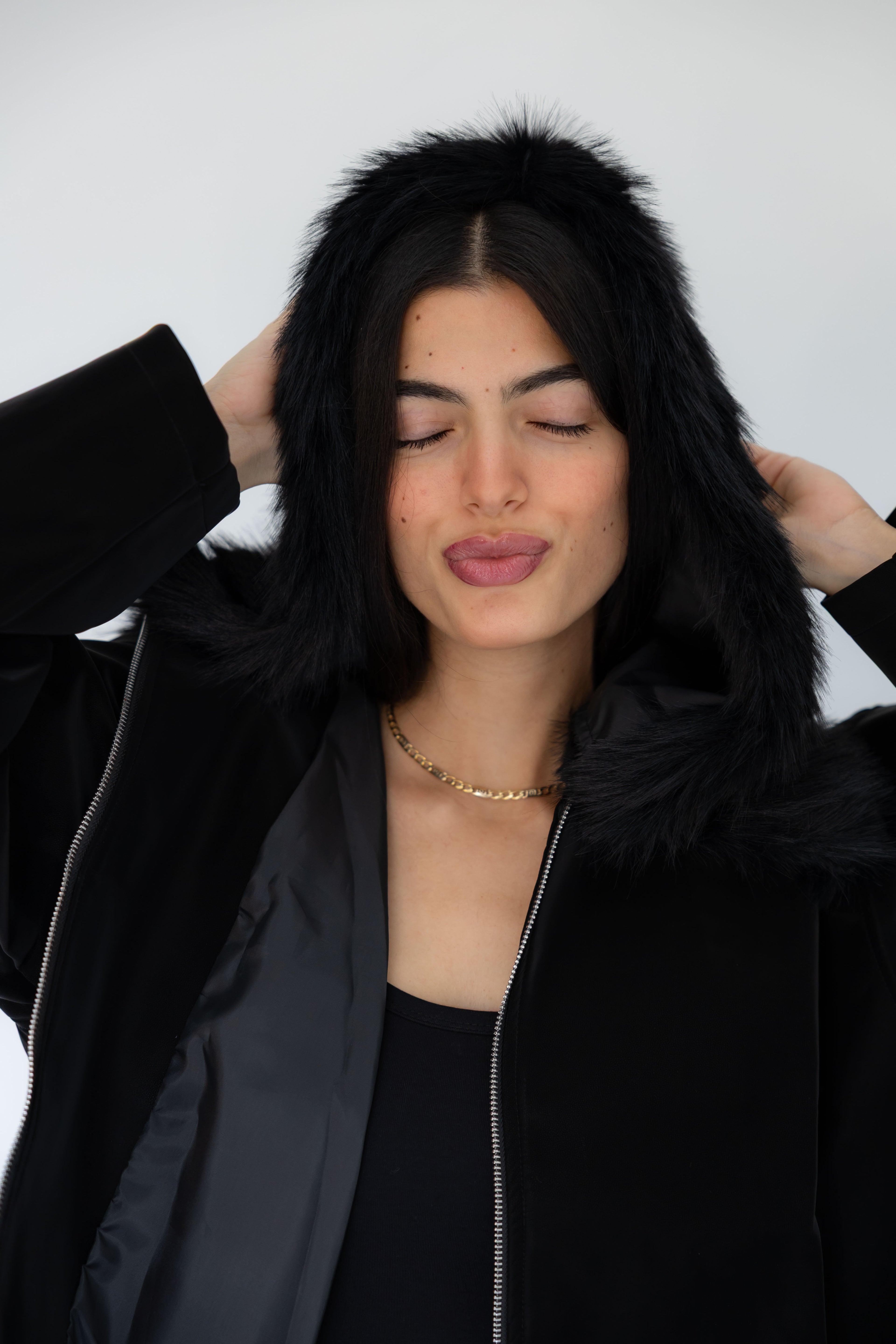 Black Leather Jacket with Fur Hood