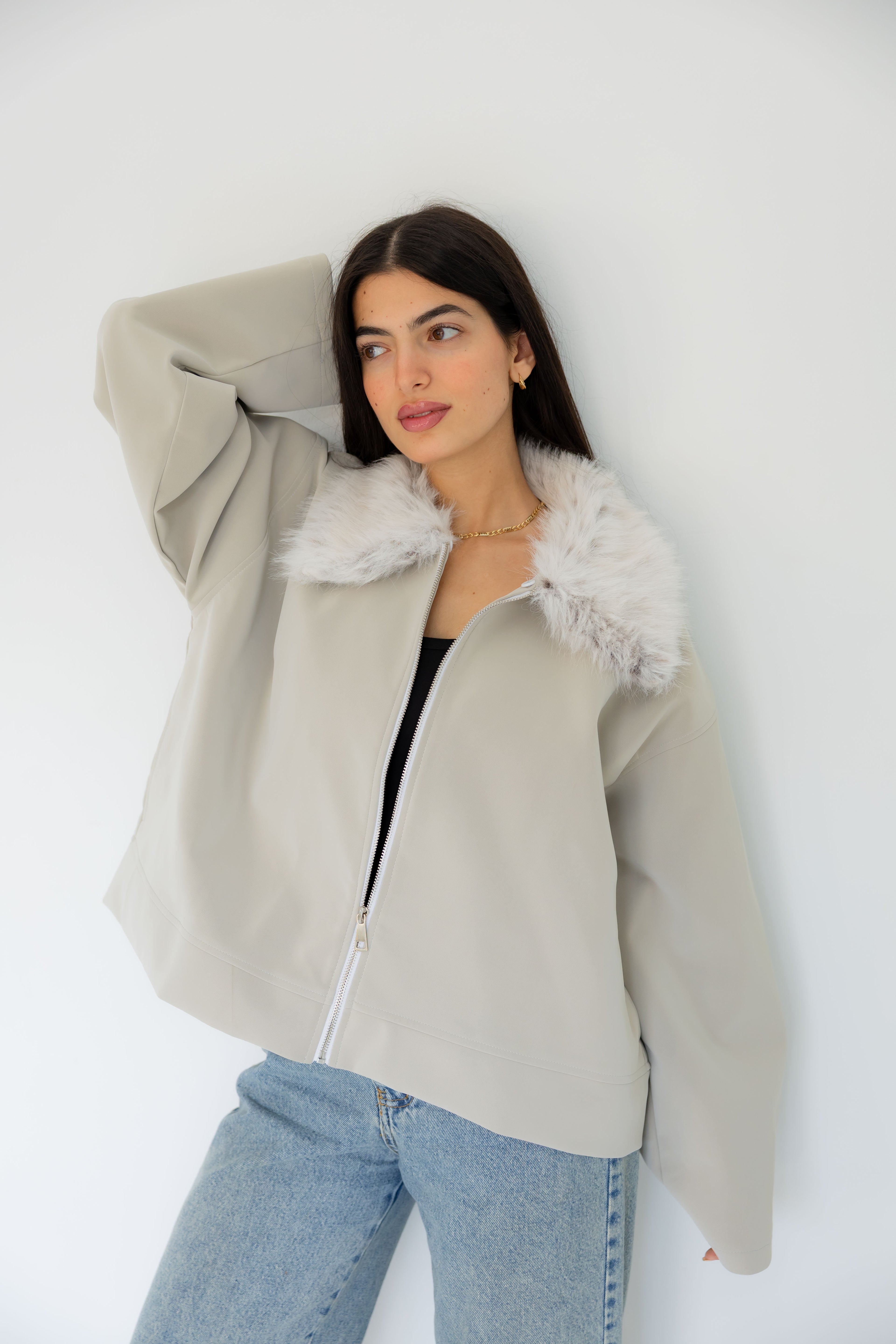 Ash Leather Jacket with Fur Hood