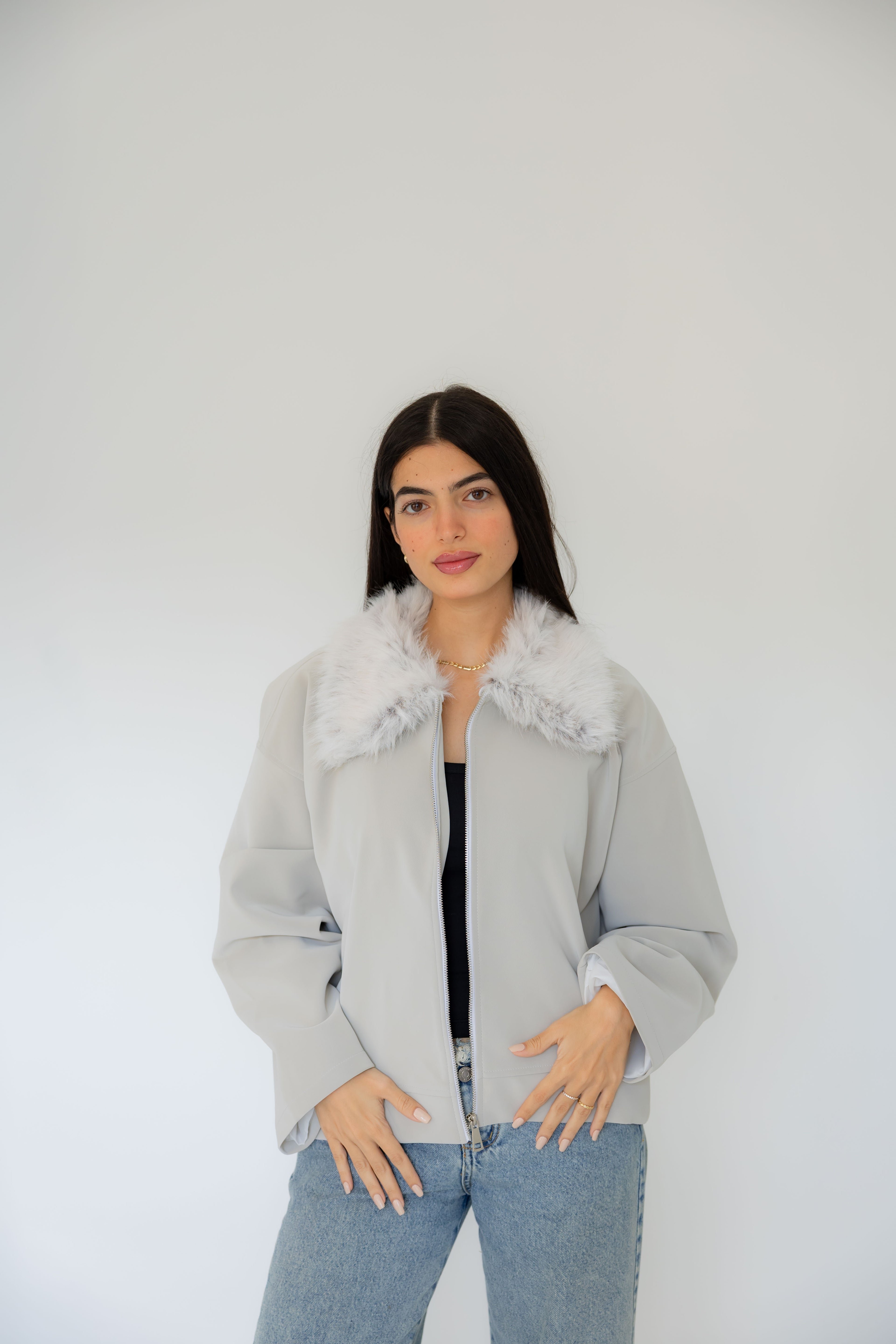 Ash Leather Jacket with Fur Hood