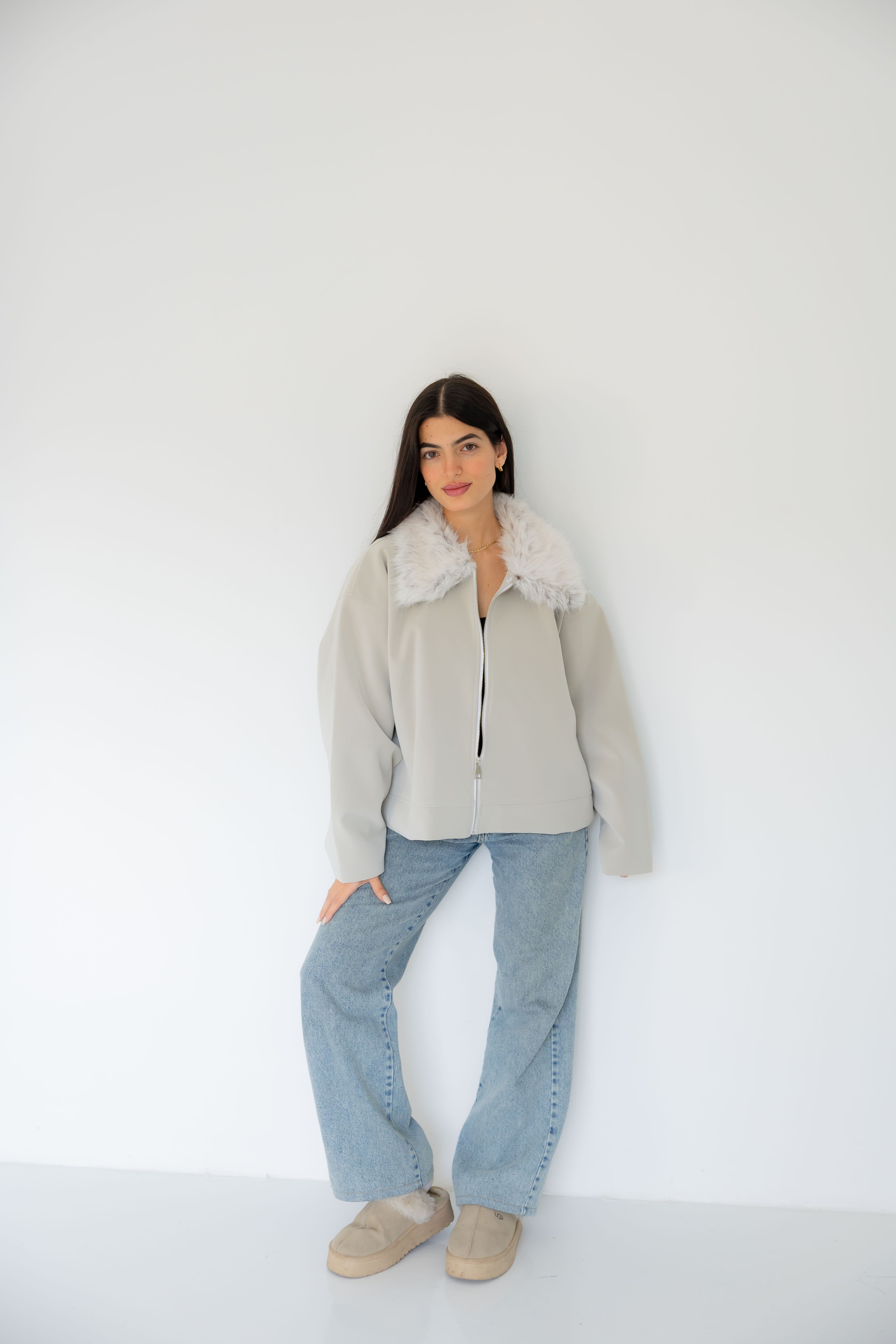 Ash Leather Jacket with Fur Hood