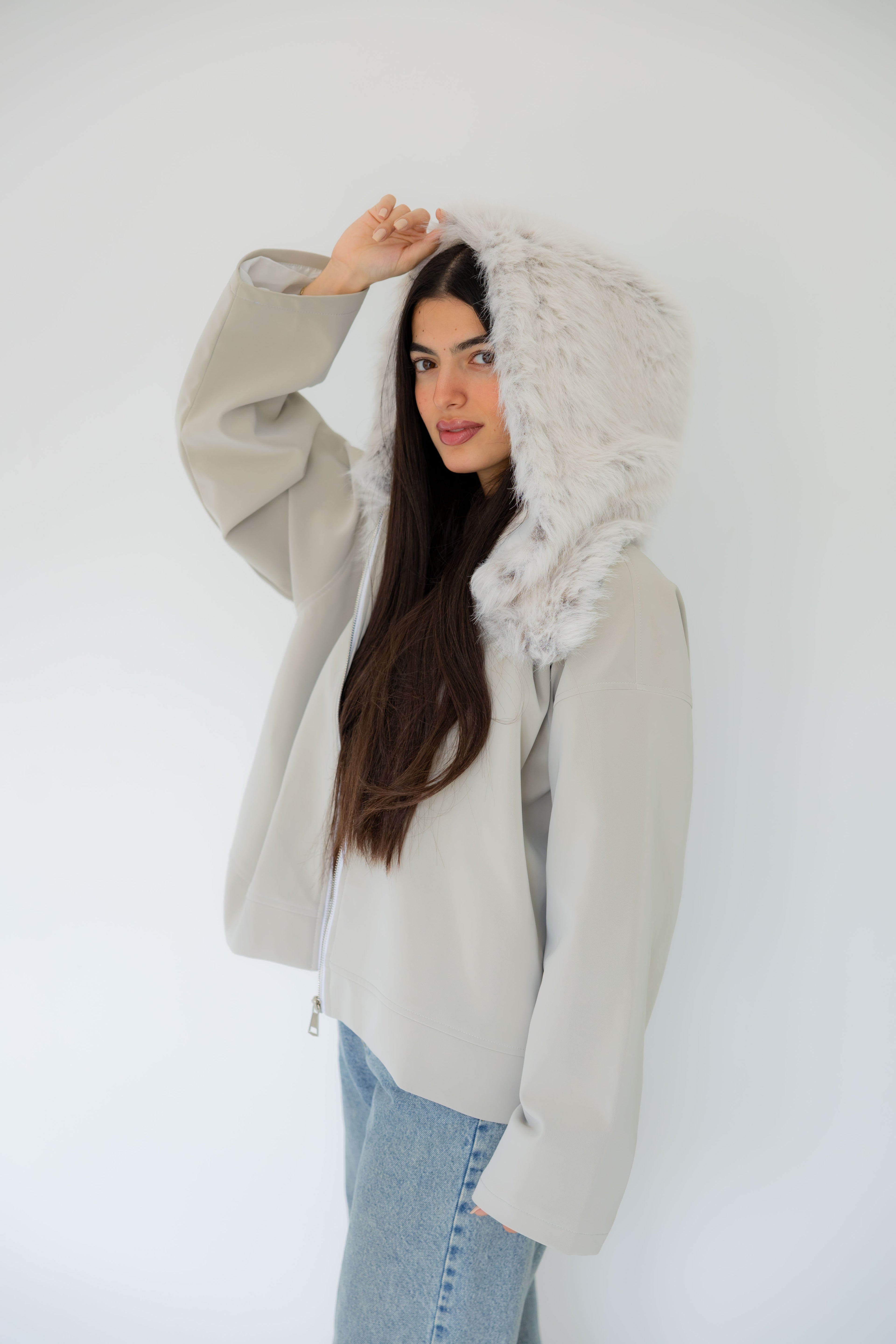 Ash Leather Jacket with Fur Hood