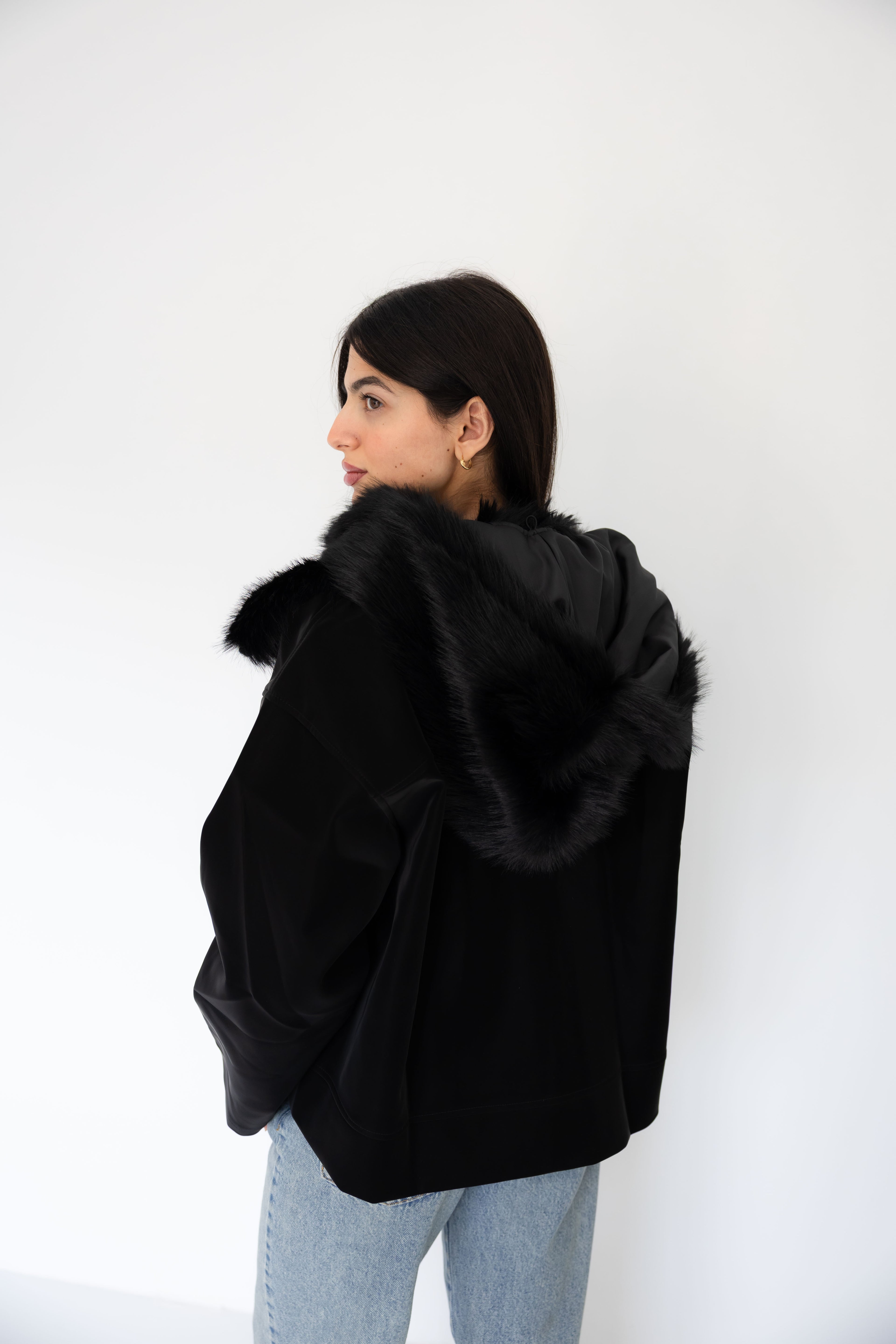 Black Leather Jacket with Fur Hood