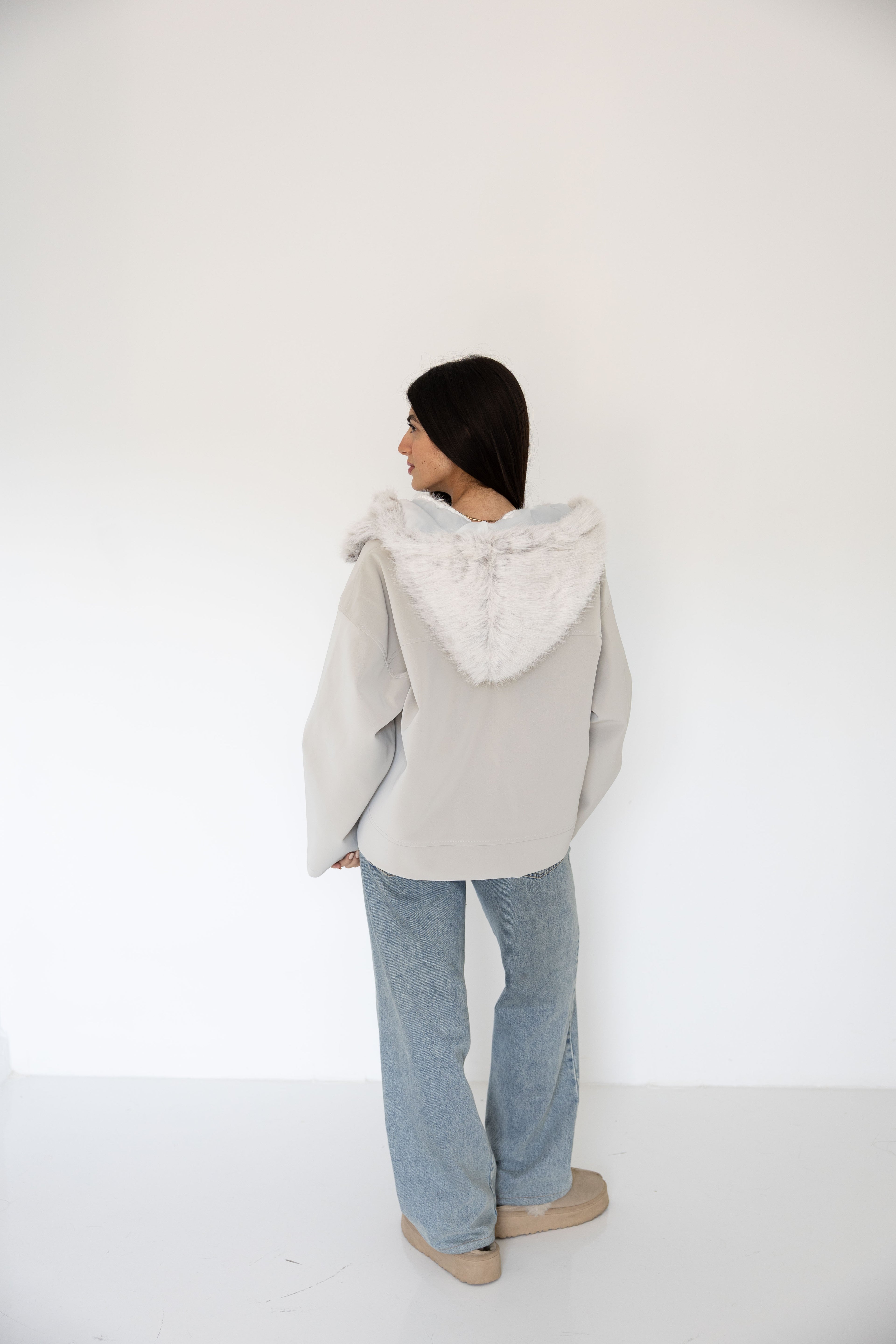 Ash Leather Jacket with Fur Hood