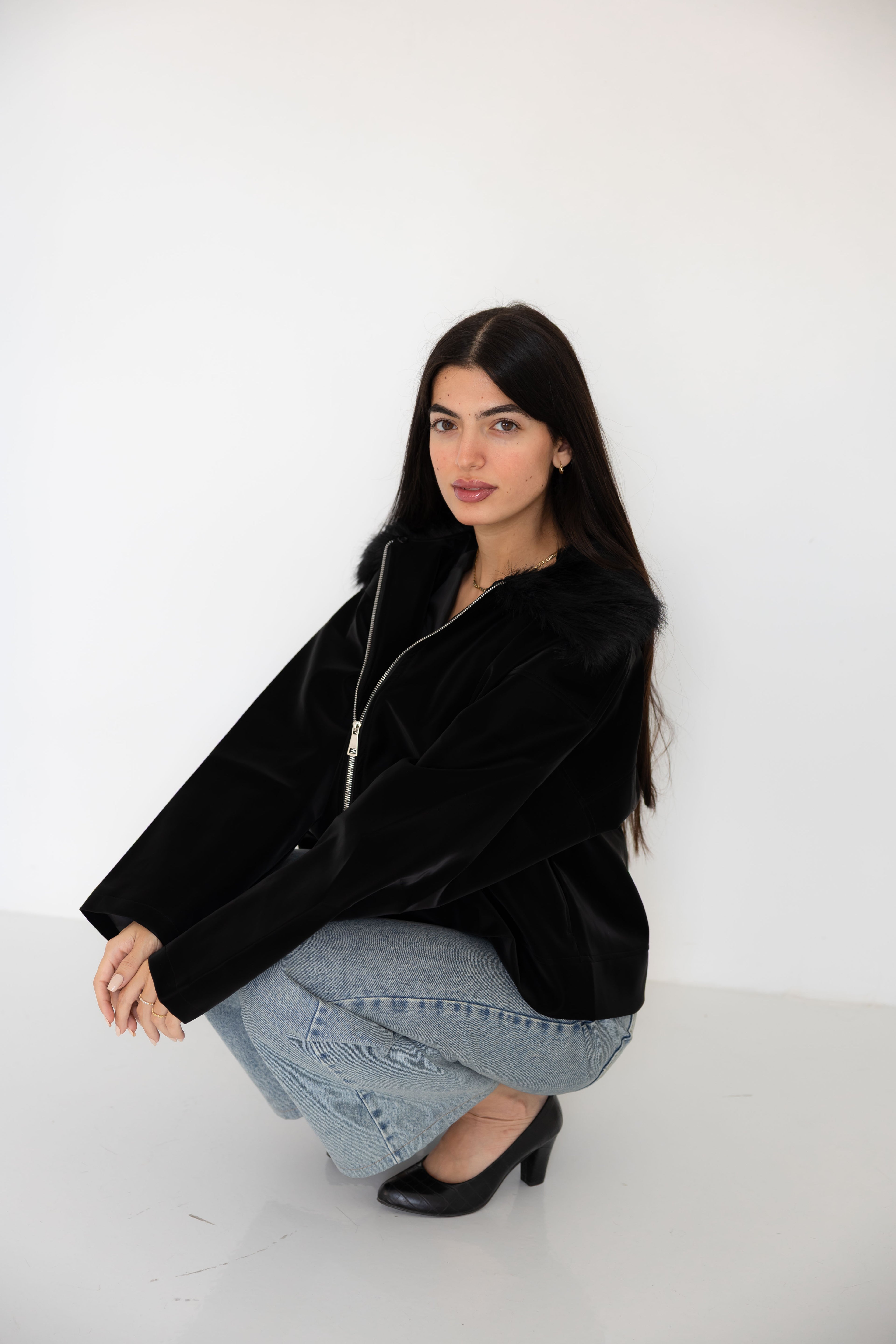 Black Leather Jacket with Fur Hood