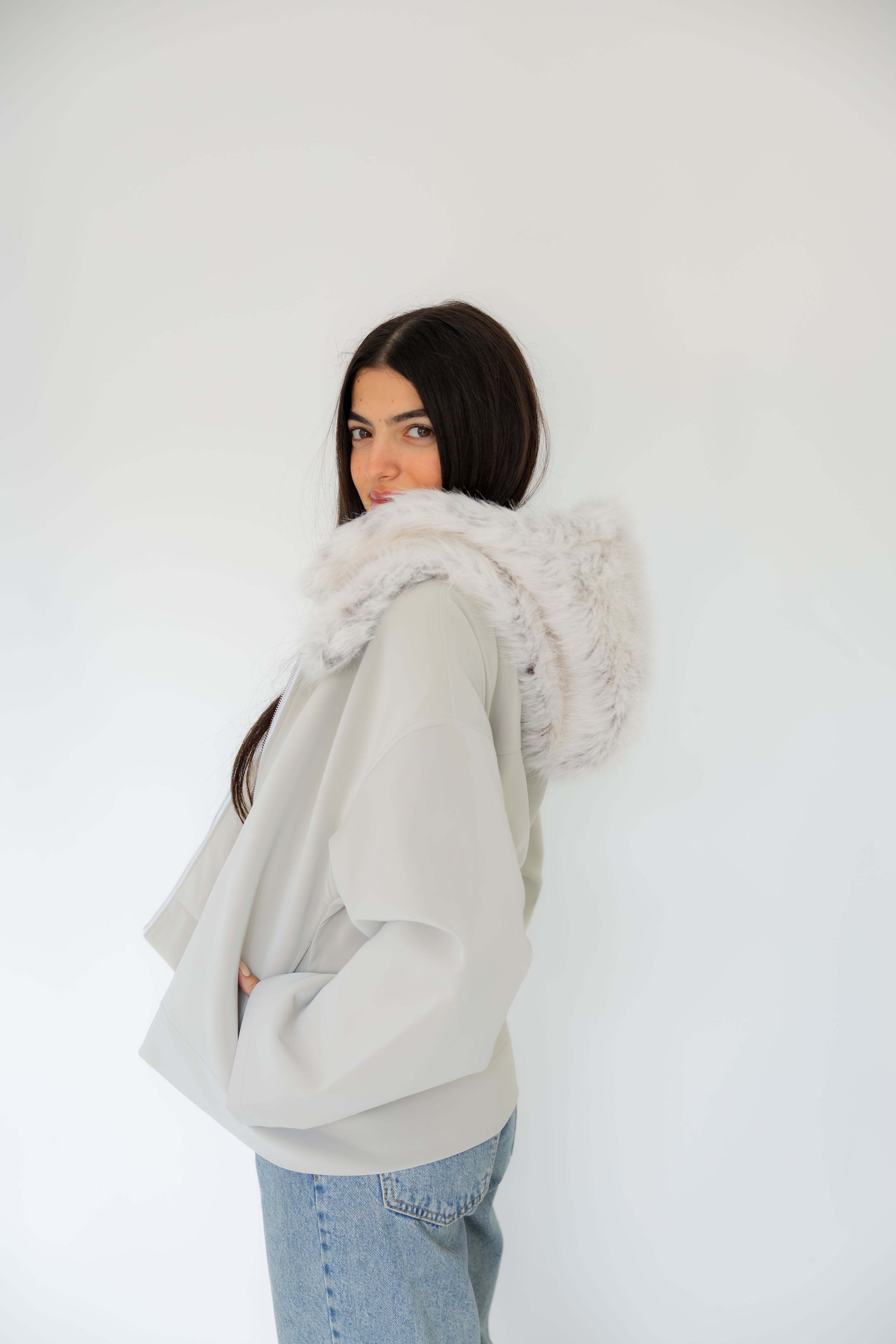 Ash Leather Jacket with Fur Hood