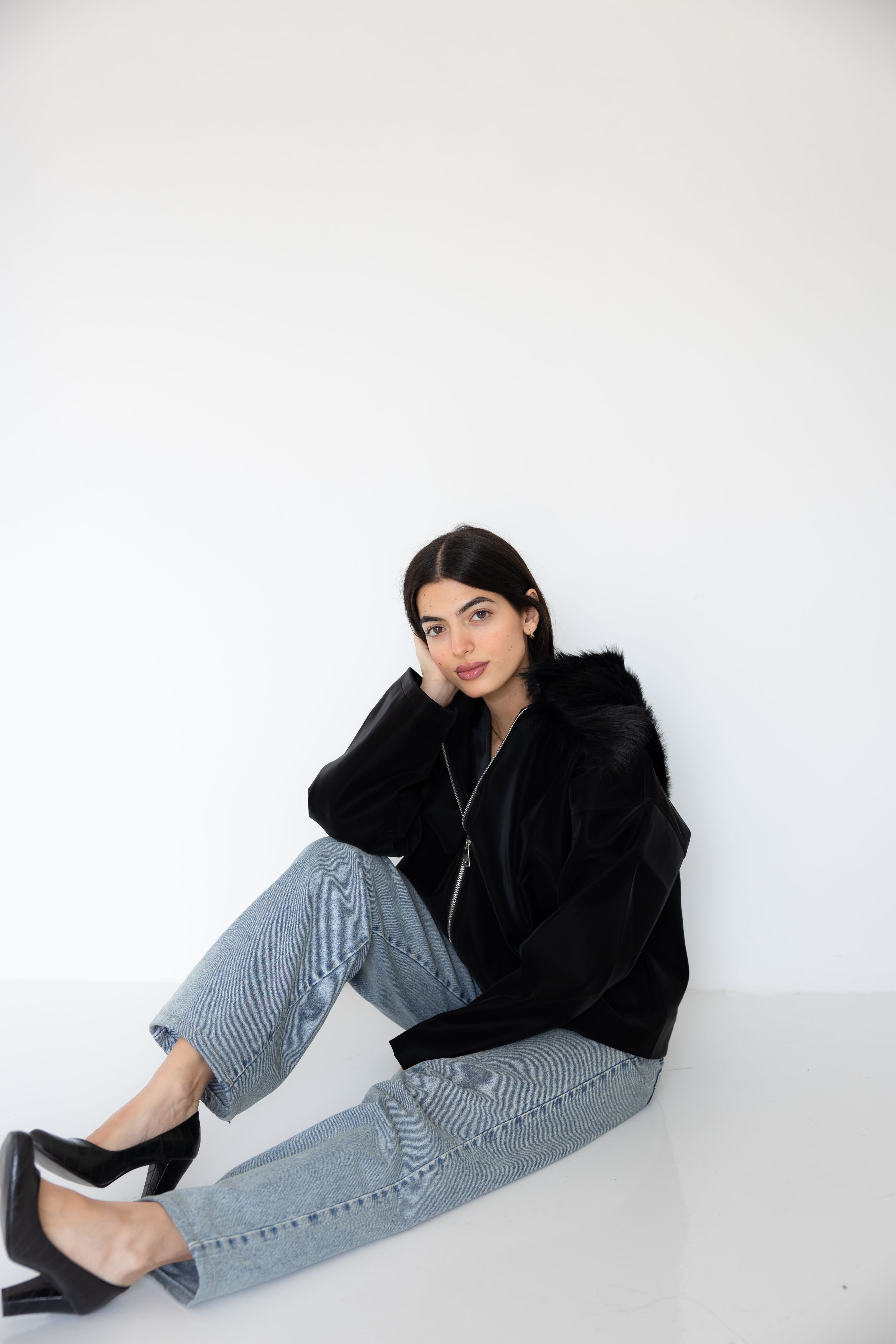 Black Leather Jacket with Fur Hood