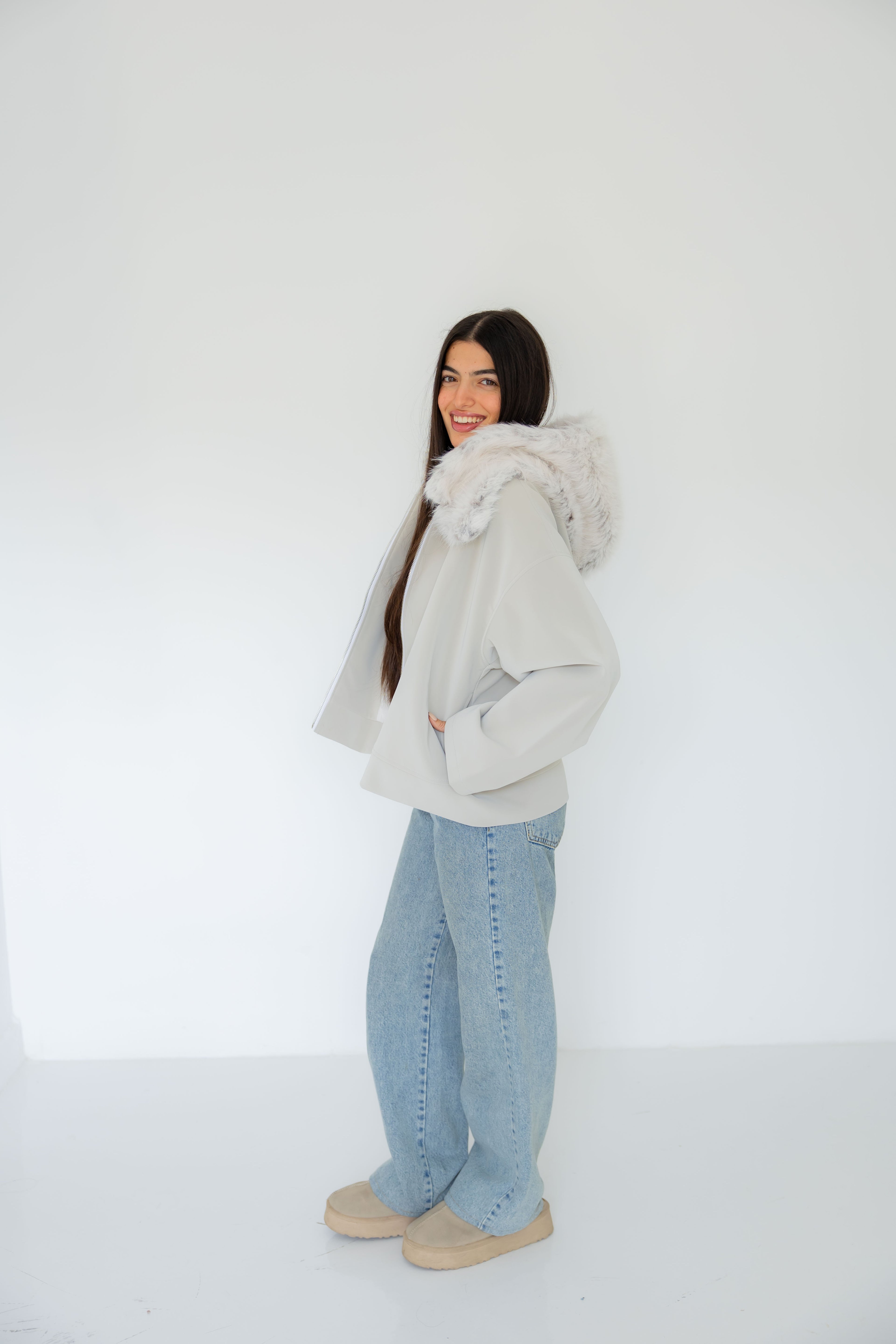 Ash Leather Jacket with Fur Hood