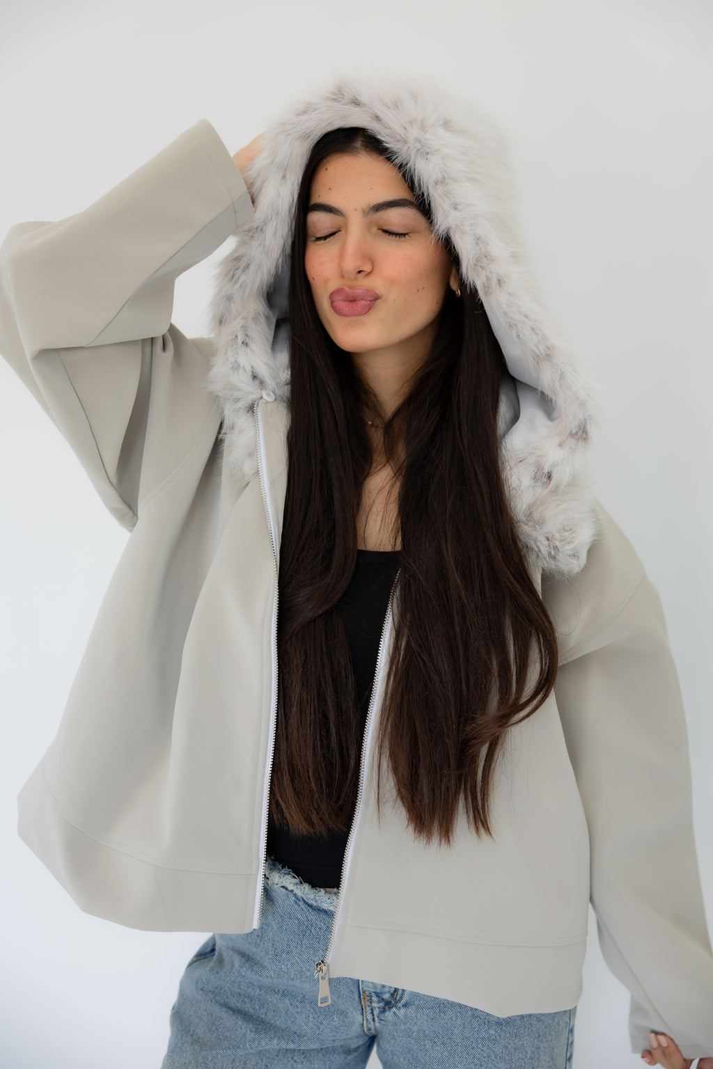 Ash Leather Jacket with Fur Hood