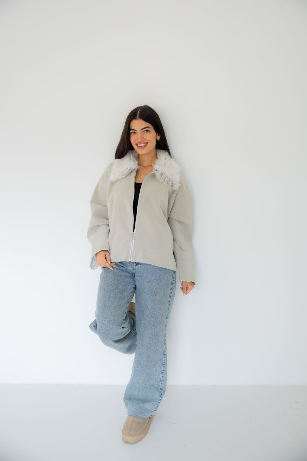 Ash Leather Jacket with Fur Hood