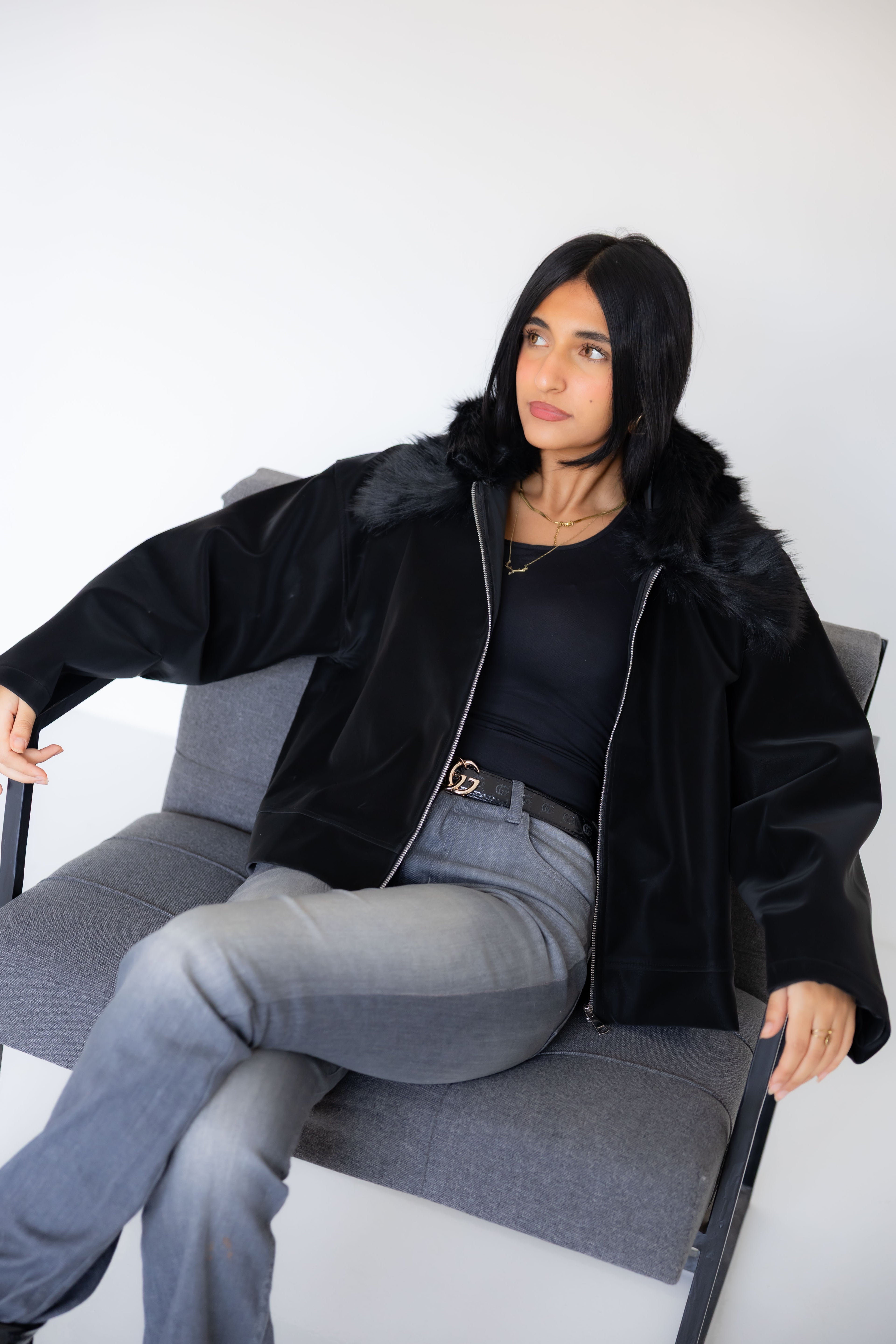 Black Leather Jacket with Fur Hood