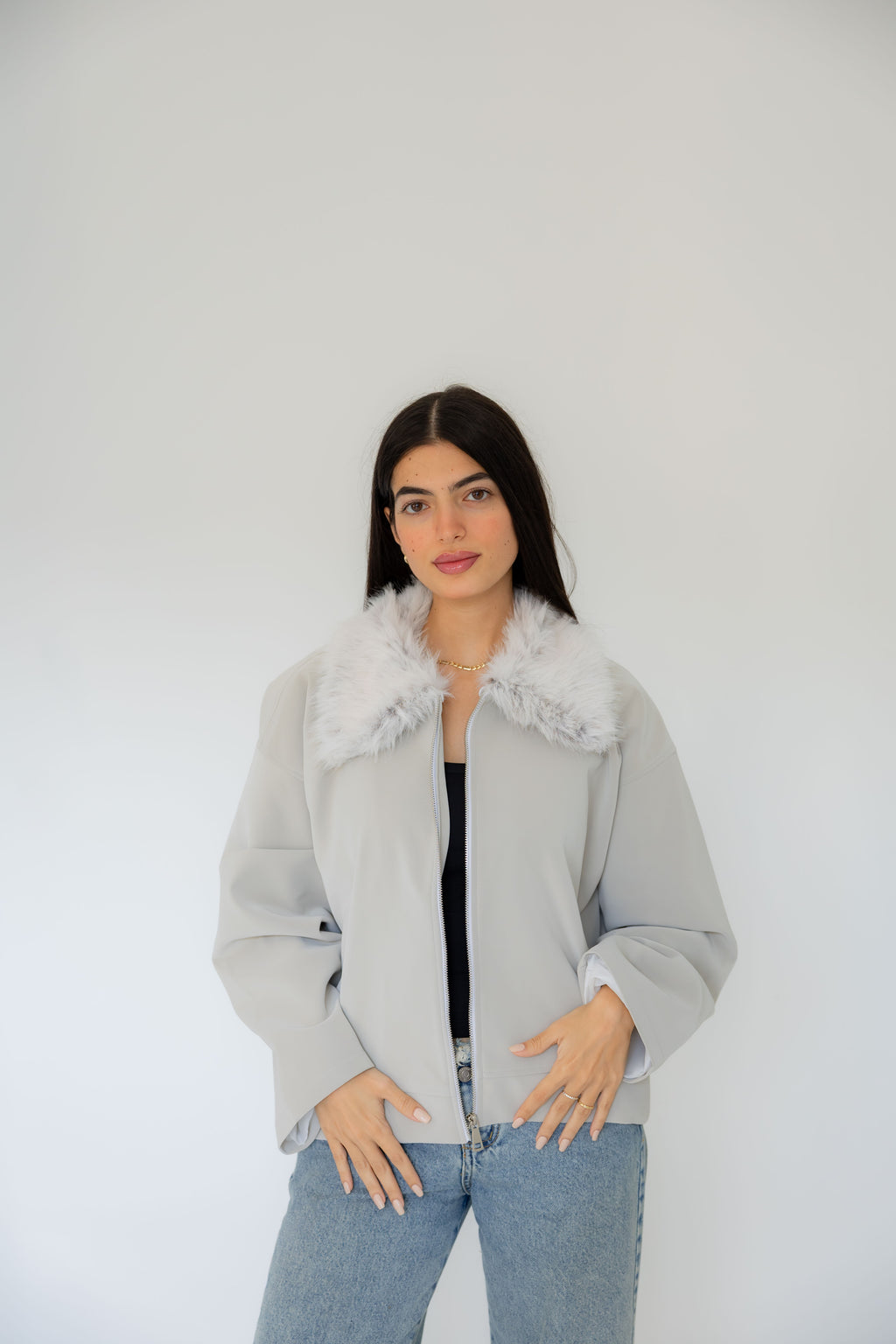 Ash Leather Jacket with Fur Hood