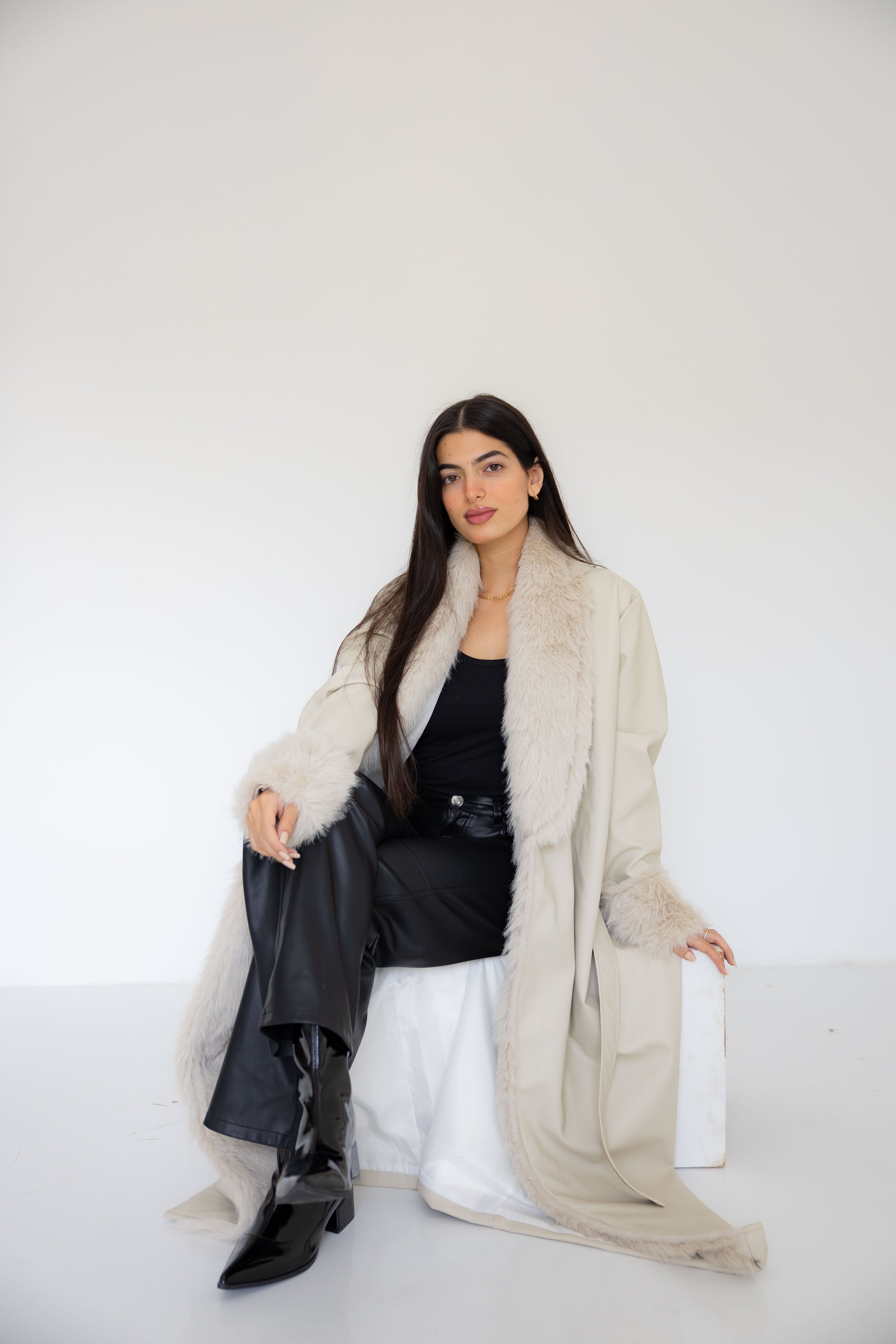 Premium Beige Faux Leather Coat