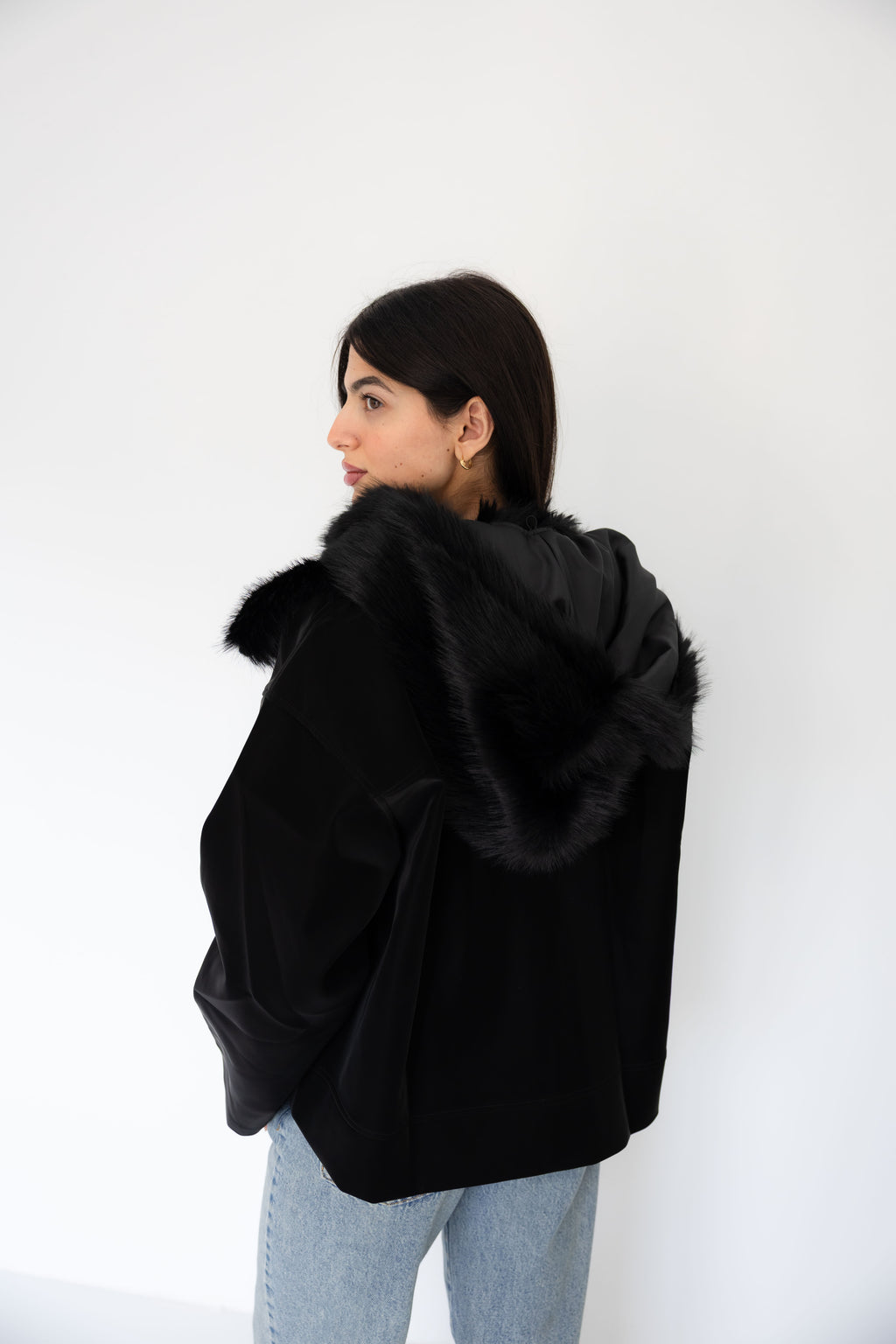 Black Leather Jacket with Fur Hood