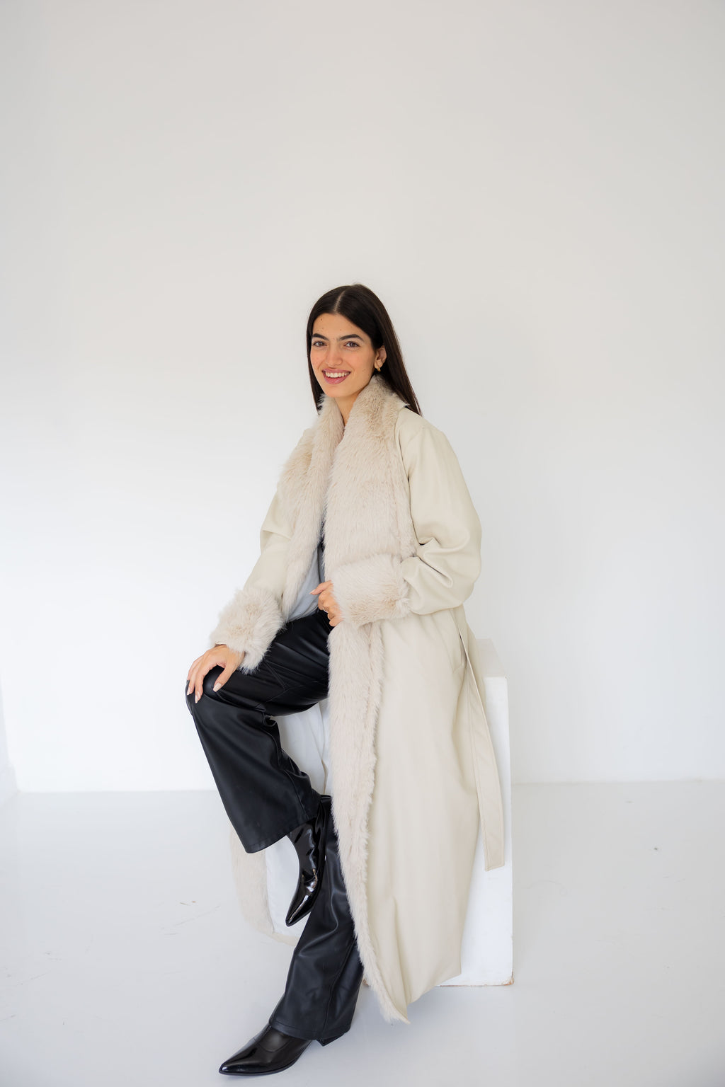 Premium Beige Faux Leather Coat