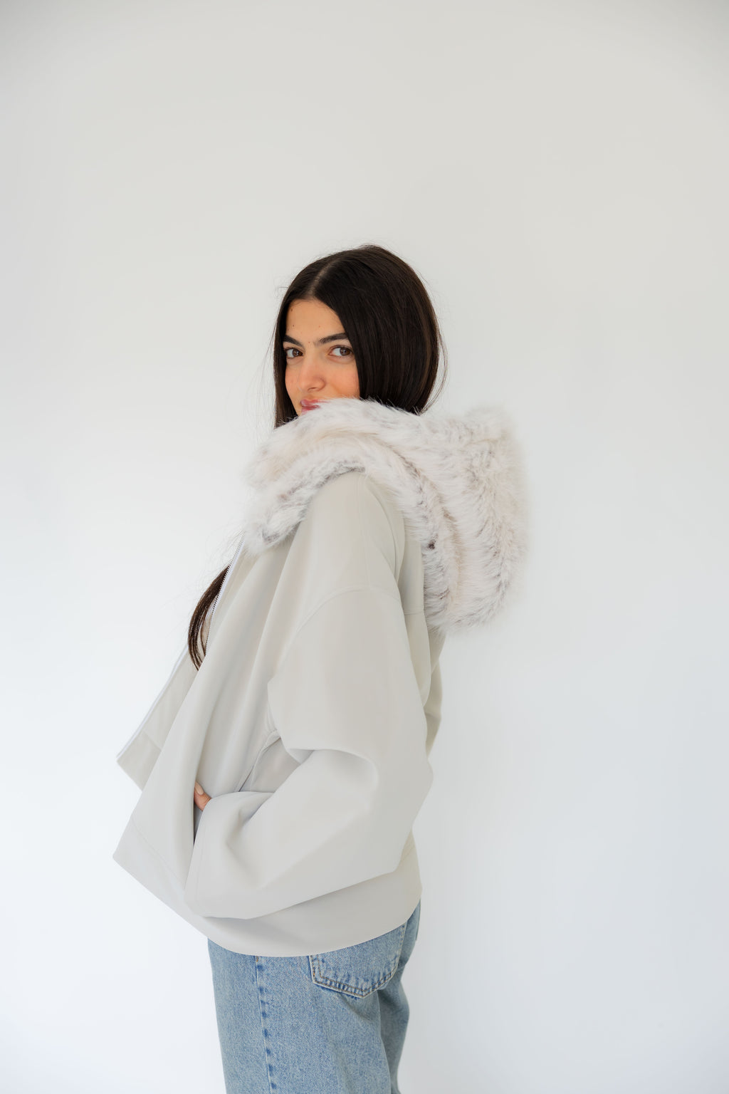 Ash Leather Jacket with Fur Hood