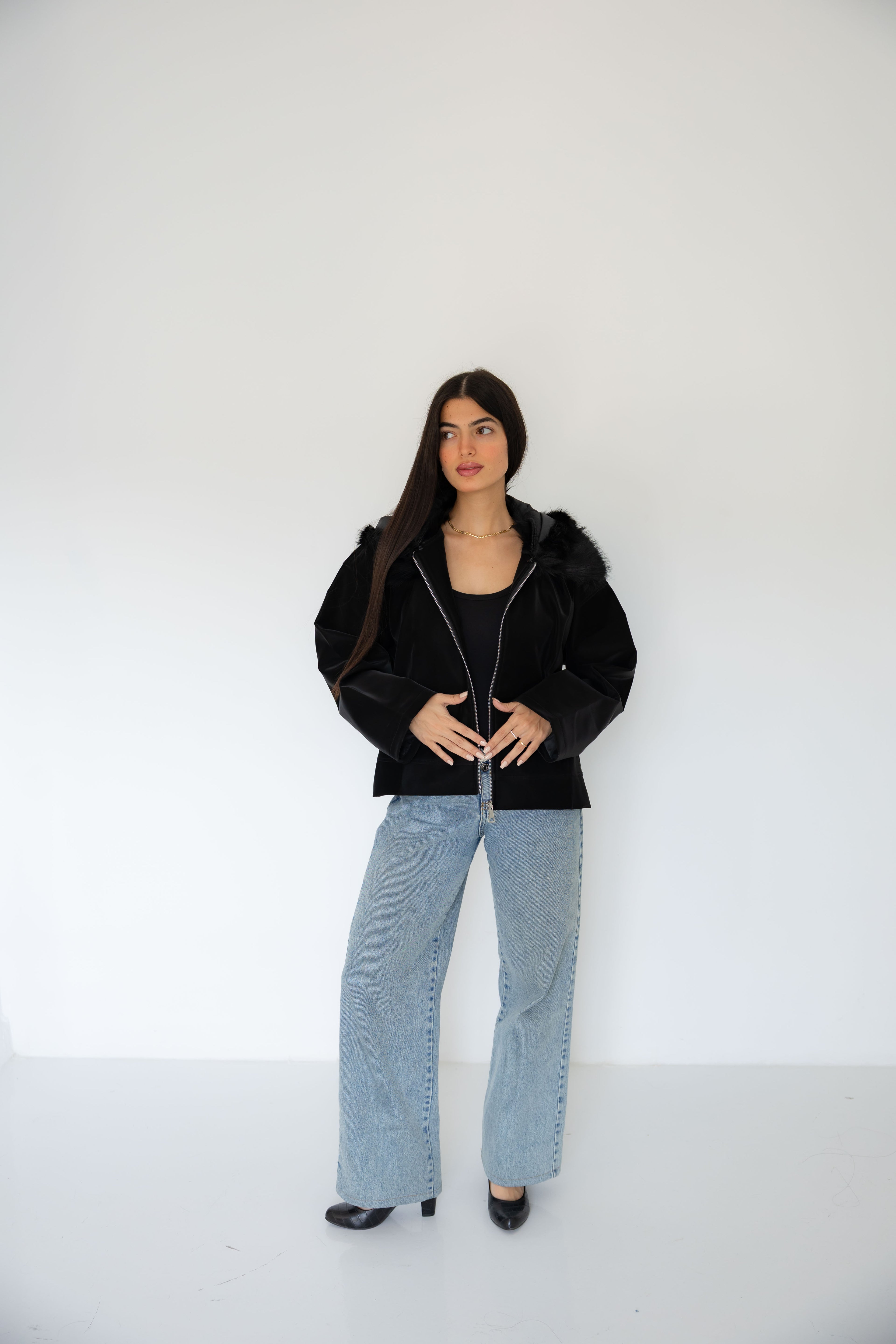 Black Leather Jacket with Fur Hood