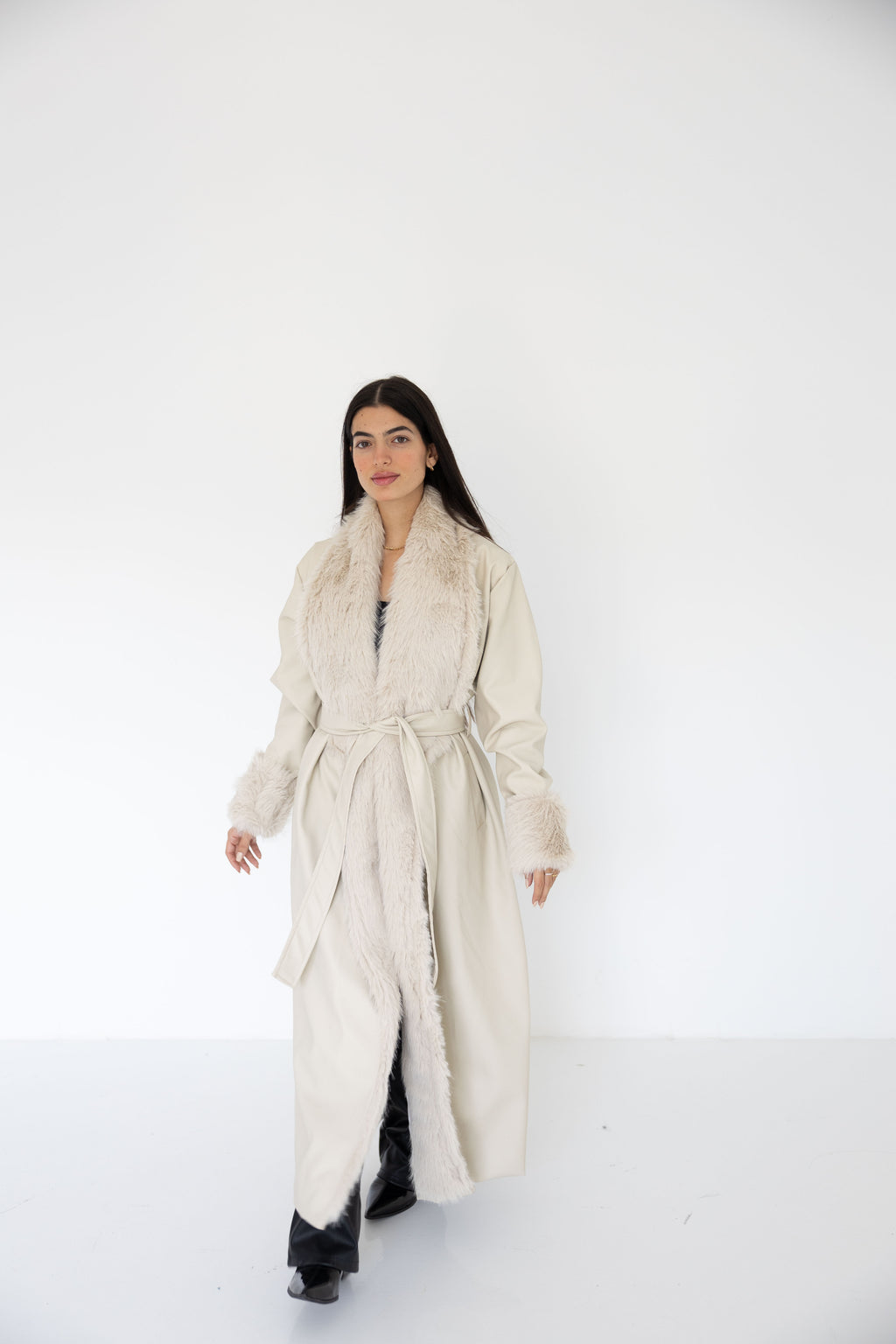 Premium Beige Faux Leather Coat