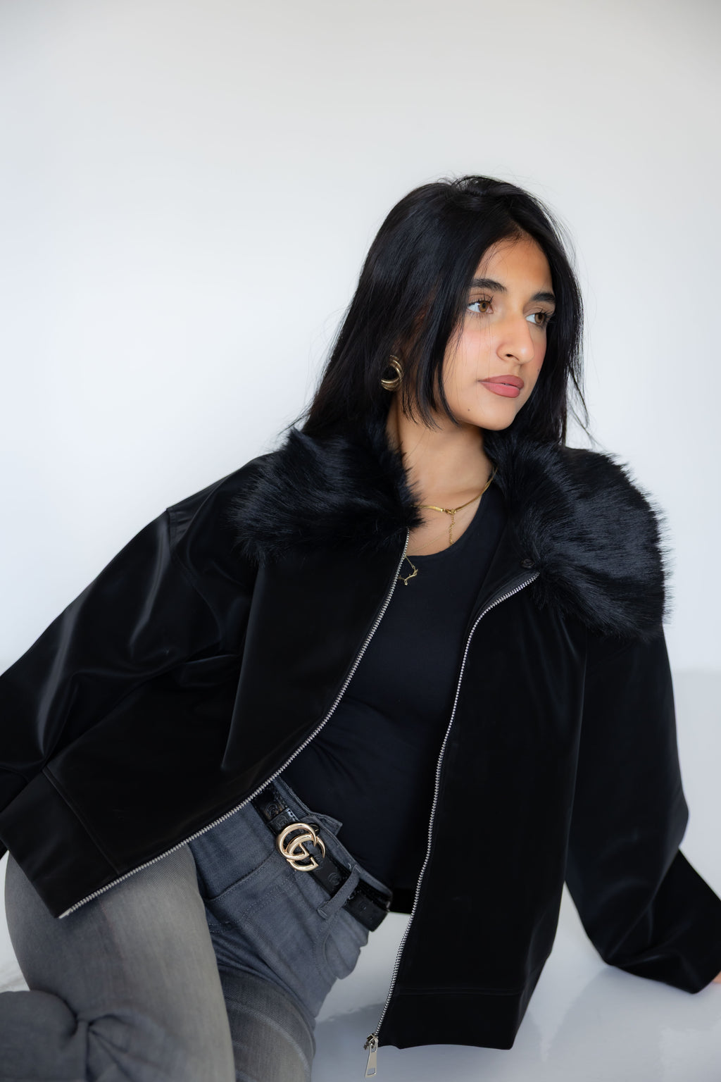 Black Leather Jacket with Fur Hood