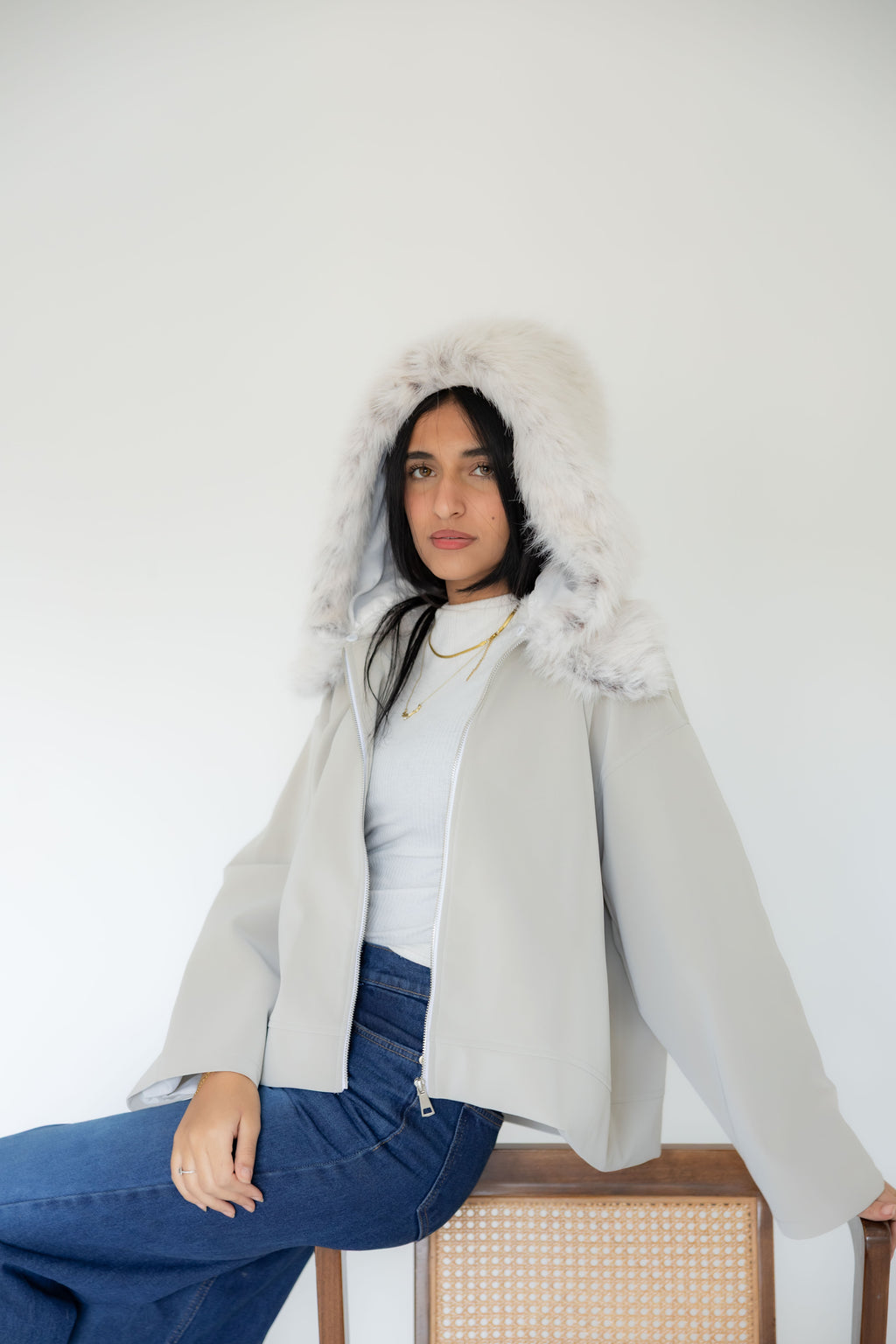 Ash Leather Jacket with Fur Hood